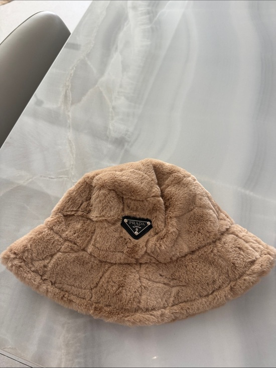 Prada Accessories - Prada Light Brown Faux Fur Bucket Hat with Logo Plaque